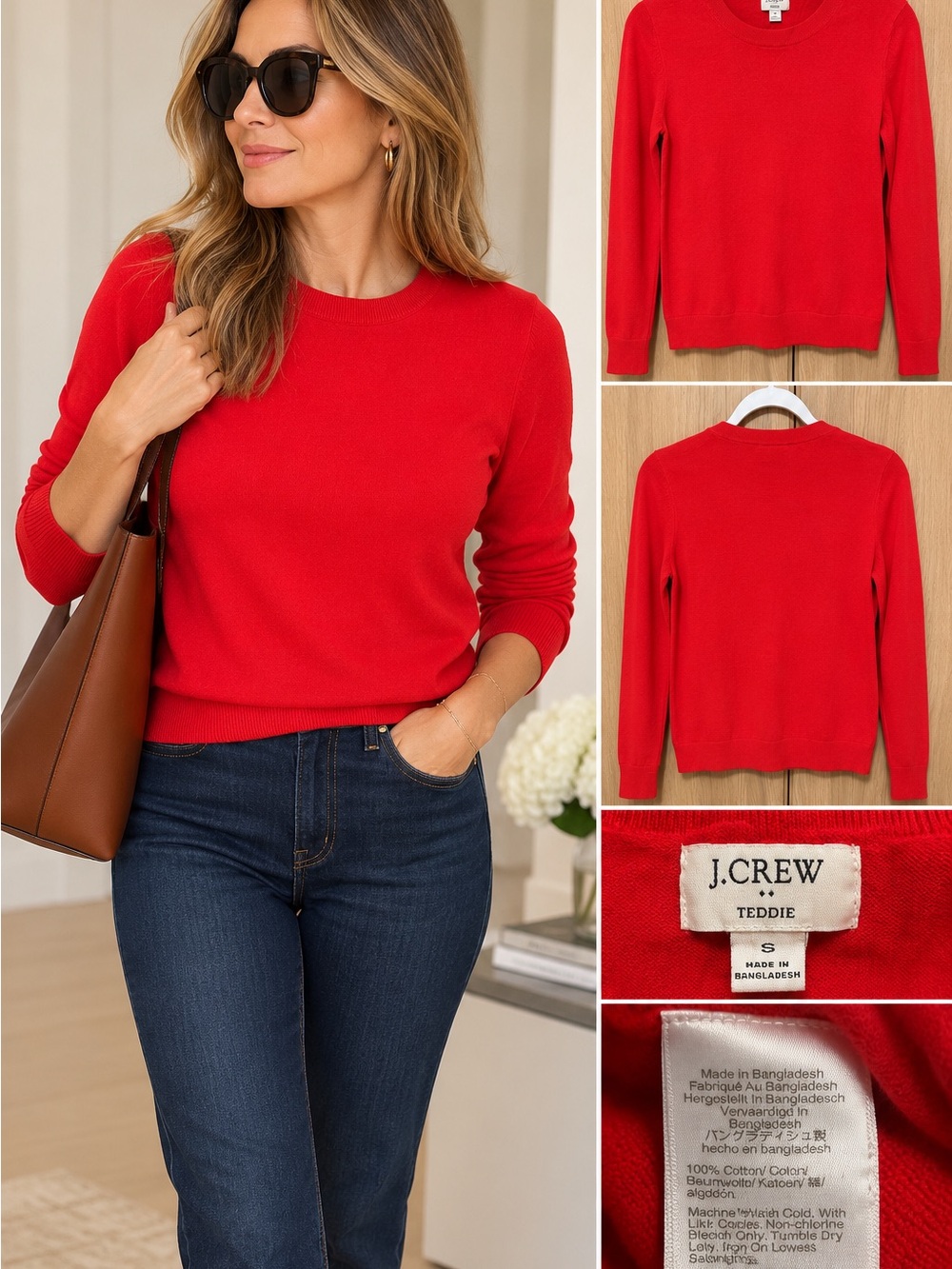 J. Crew Teddie crewneck sweater, size S, 100% cotton, in a gorgeous bright red